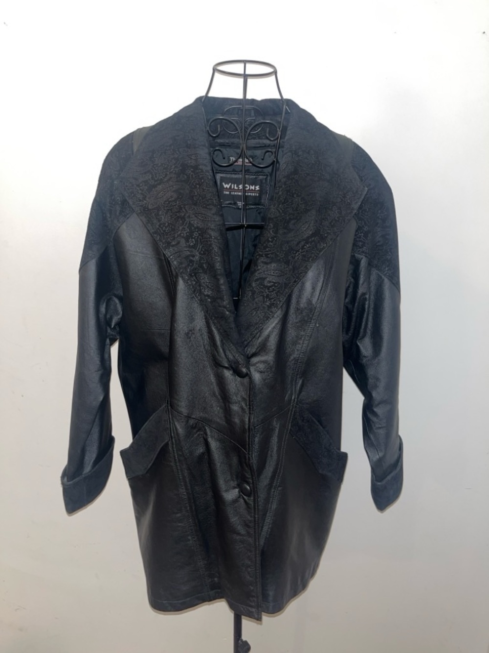 Vintage Wilsons Leather Black Paisley Oversized Coat 80s 90s Thinsulate